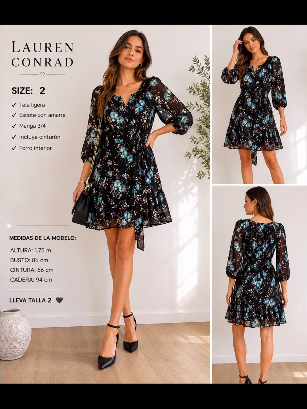 LC Lauren Conrad Black Floral Tie-Waist Ruffle Mini Dress